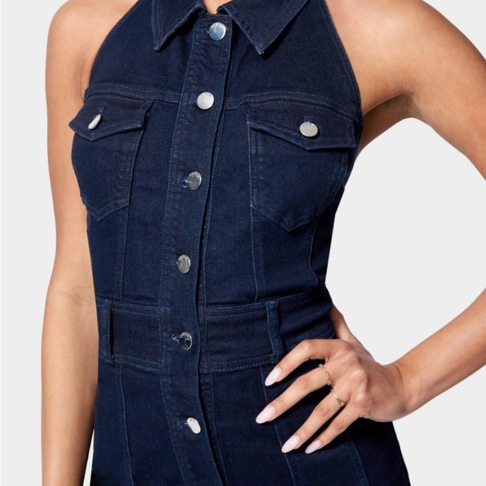Bebe Denim Halter Dress with Silver Buttons